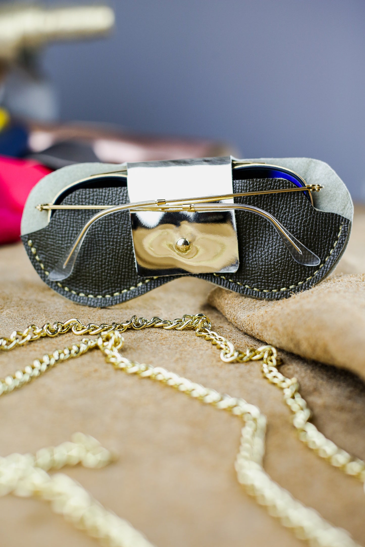 Etui à lunettes - Vert Kaki et doré
