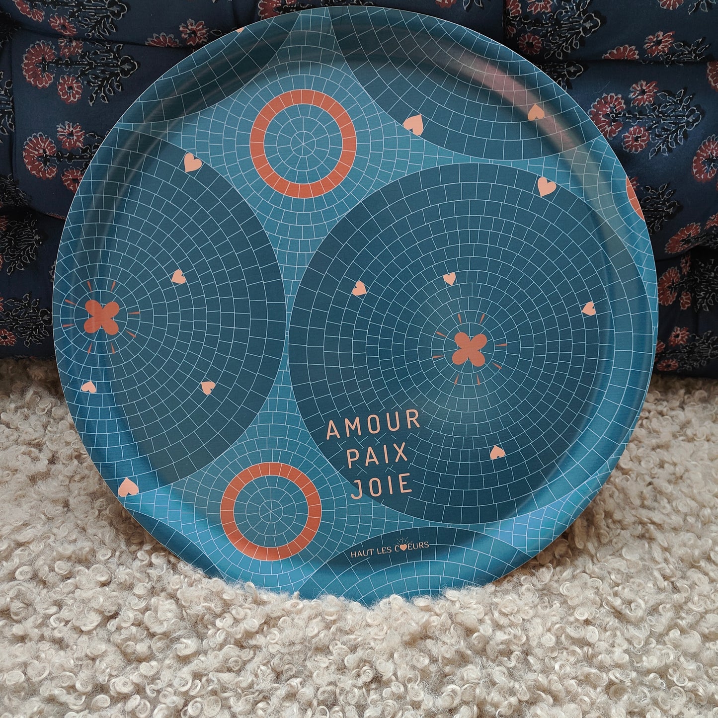 Grand plateau rond - Mosaïque Amour Paix Joie - bleu