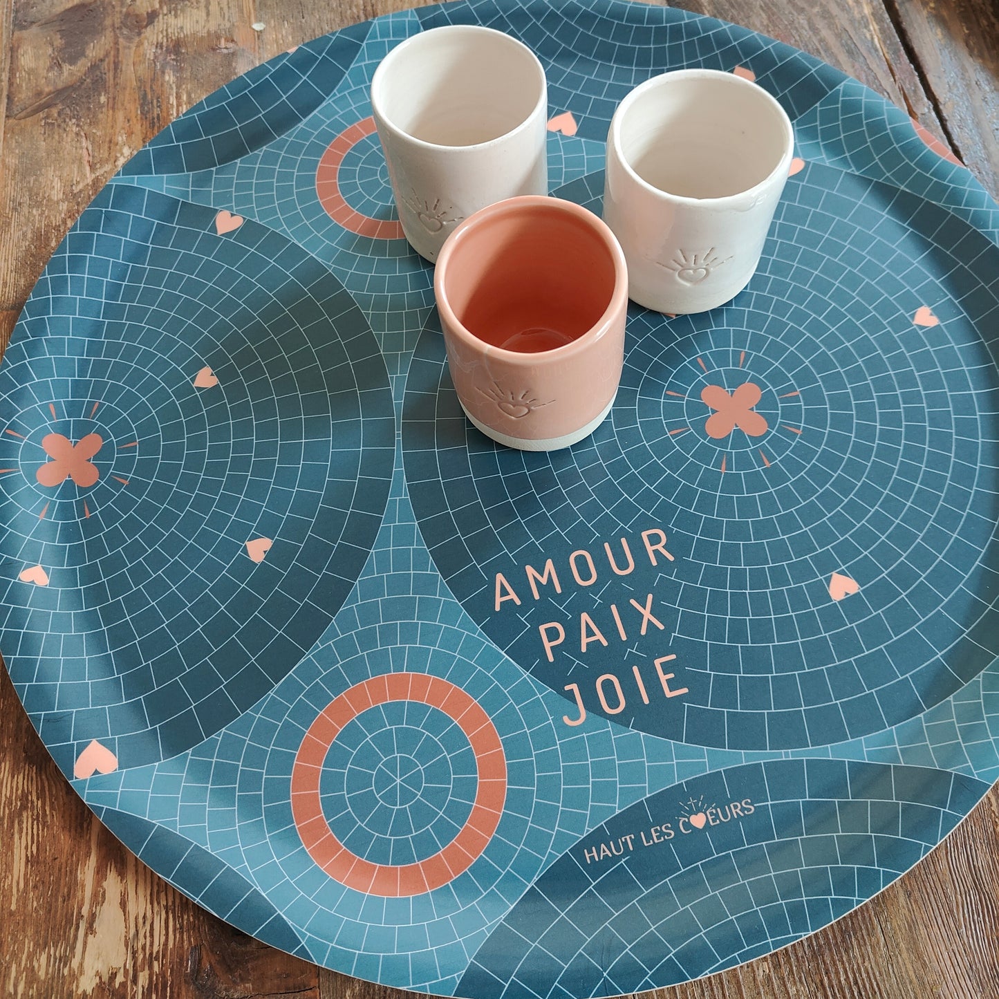 Grand plateau rond - Mosaïque Amour Paix Joie - bleu