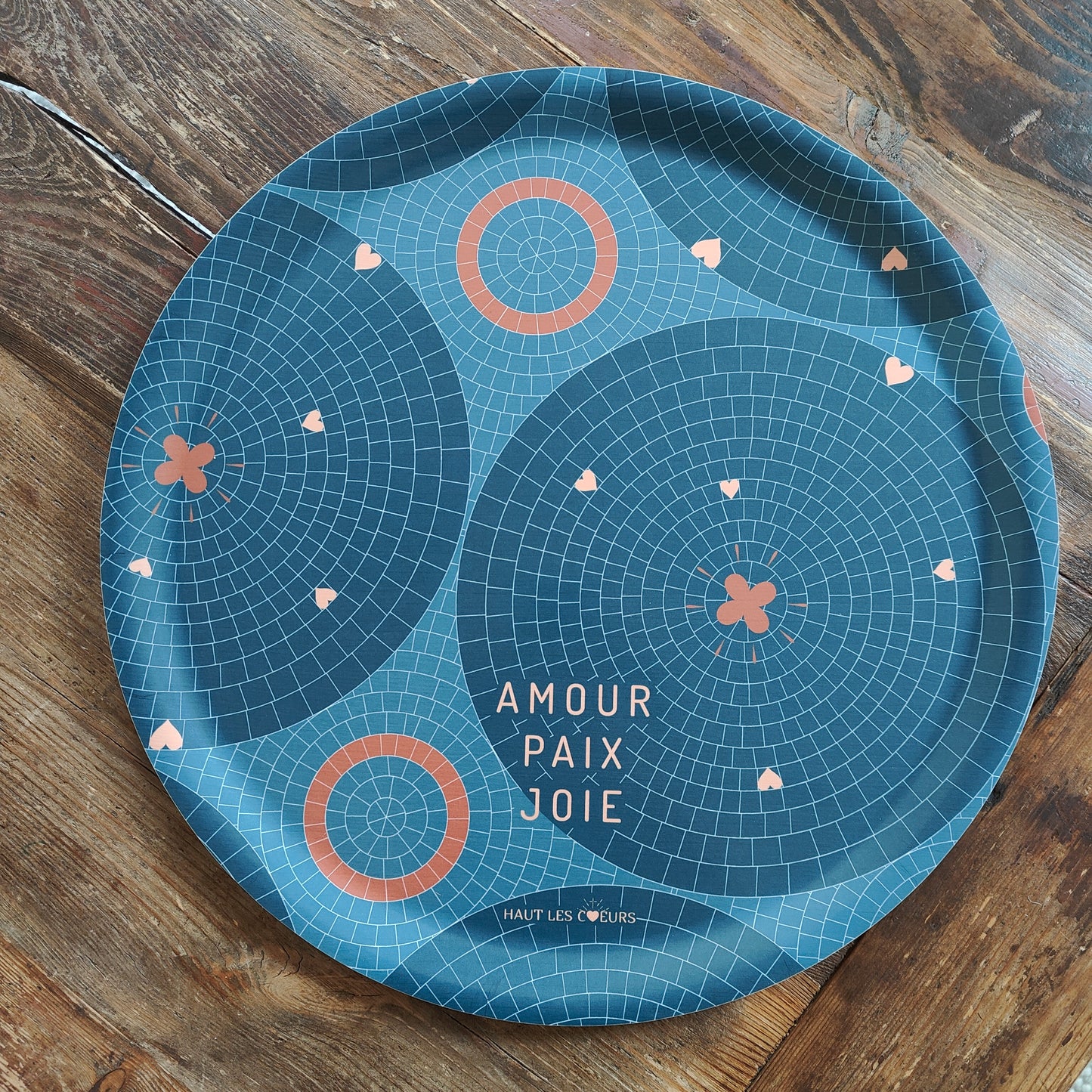 Grand plateau rond - Mosaïque Amour Paix Joie - bleu