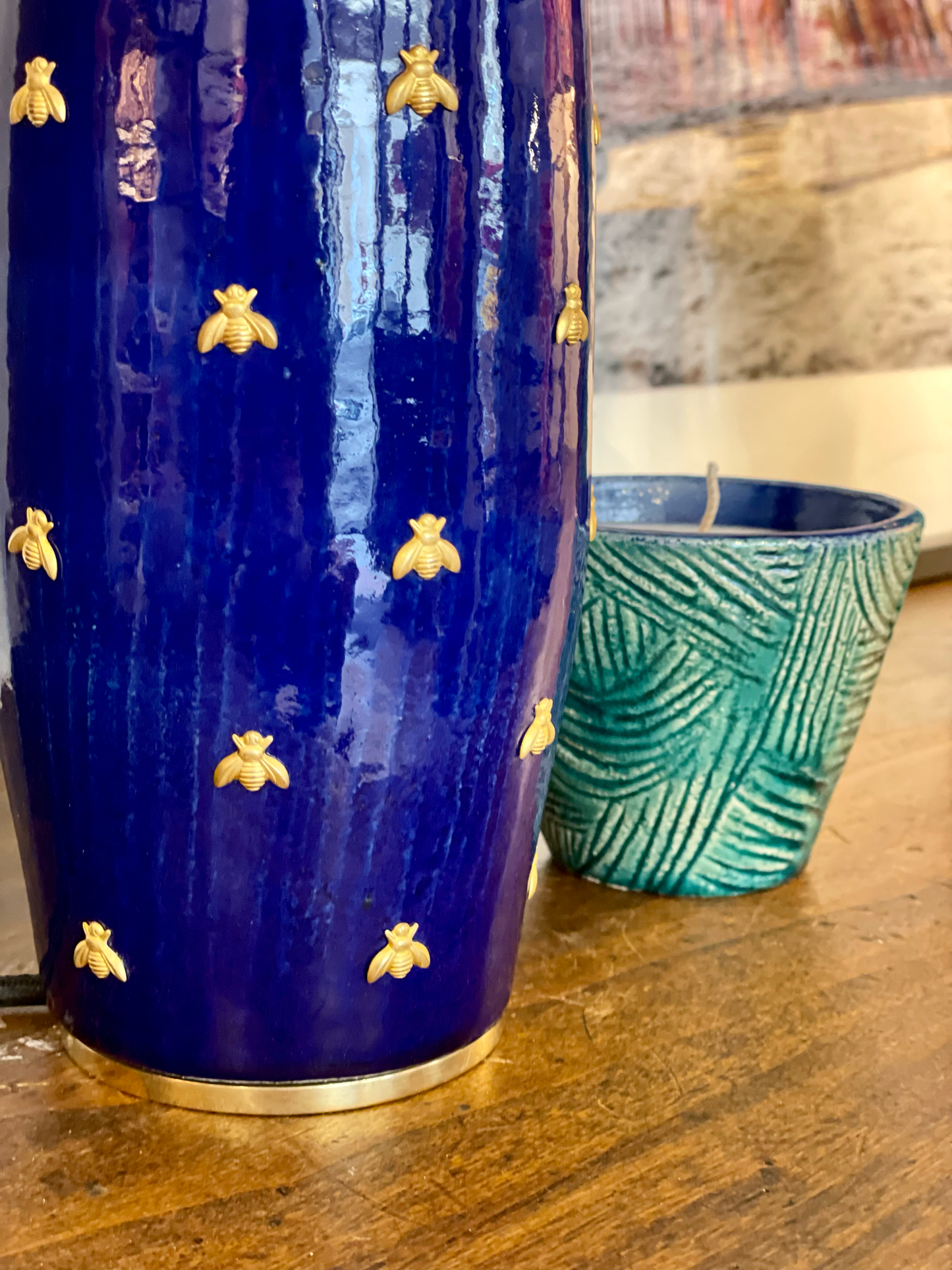 Pied de lampe céramique – Abeille – Bleu cobalt