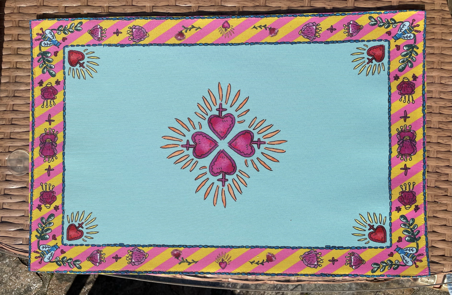 Sets de table – Tissu anti-tâches –
Motifs cœur sacré –
Fond uni turquoise –