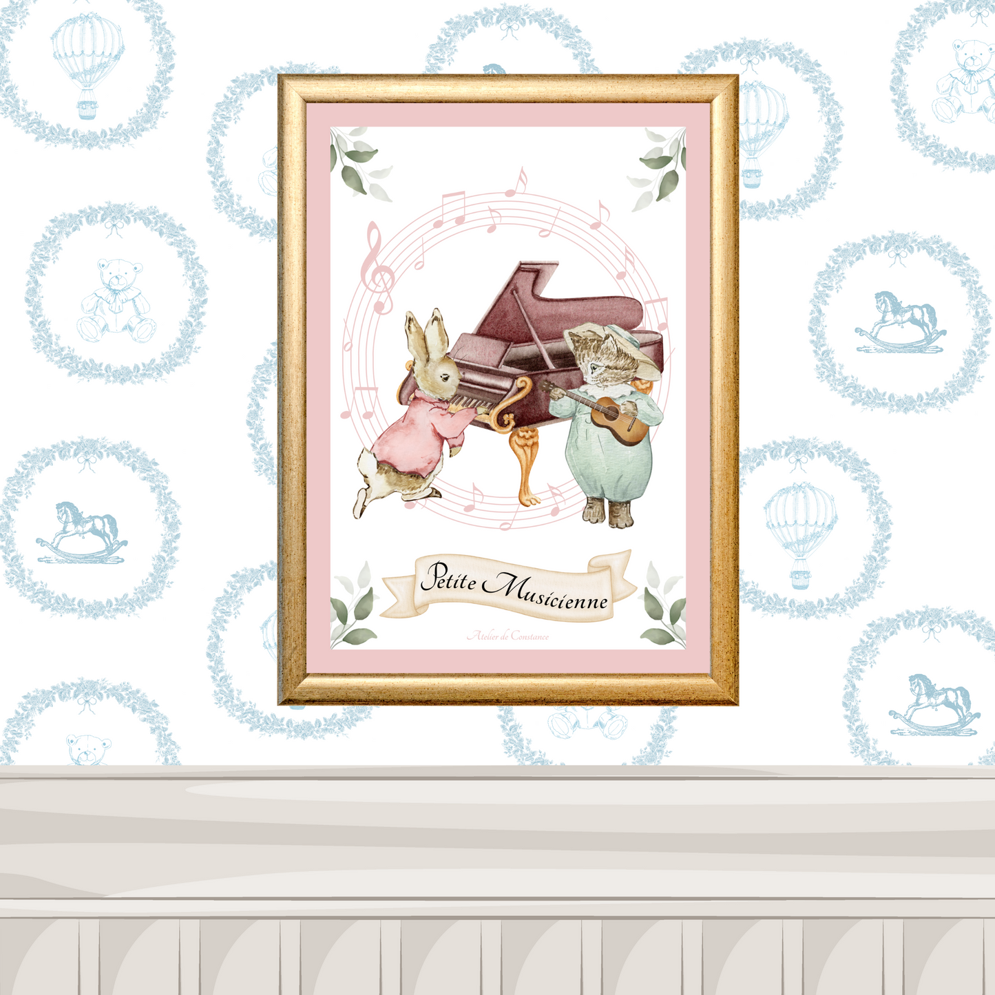 Affiche enfant au style doux et poétique, inspirée de l'univers de l'enfance, de la musique.