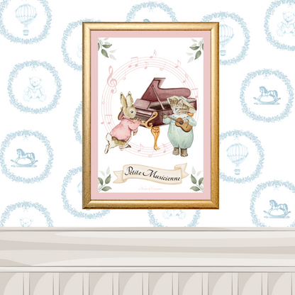 Affiche enfant au style doux et poétique, inspirée de l'univers de l'enfance, de la musique.