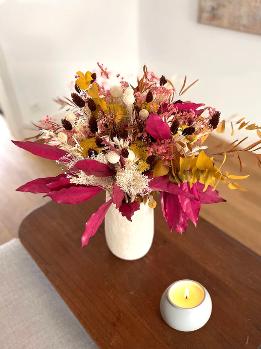 Bouquet de fleurs séchées Soleil Couchant – tons chauds et dorés, création artisanale Atelier Art Feuille