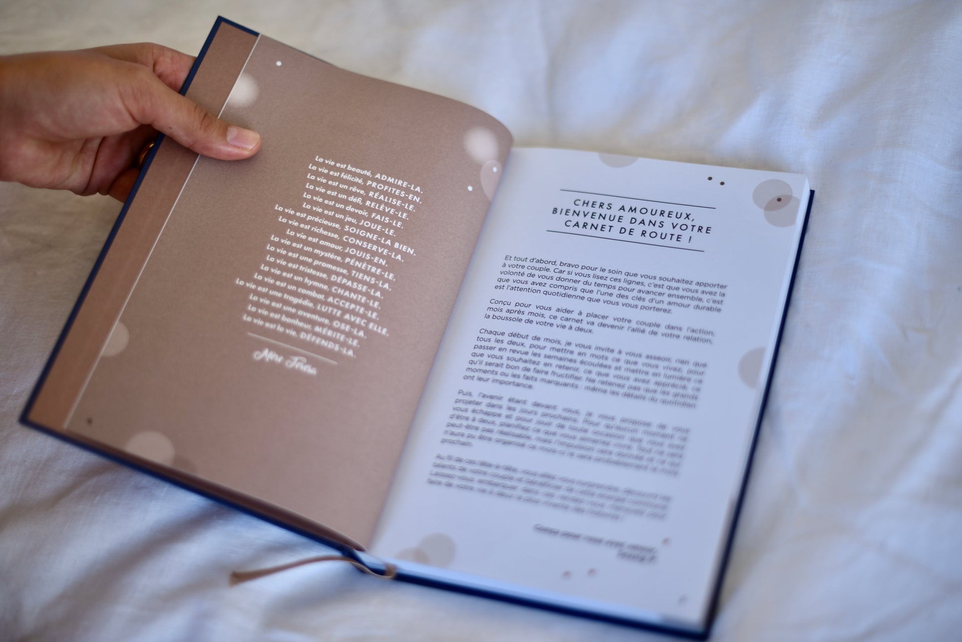 Pages intérieures du carnet 'Viens on s’aime' pour activités de couple.